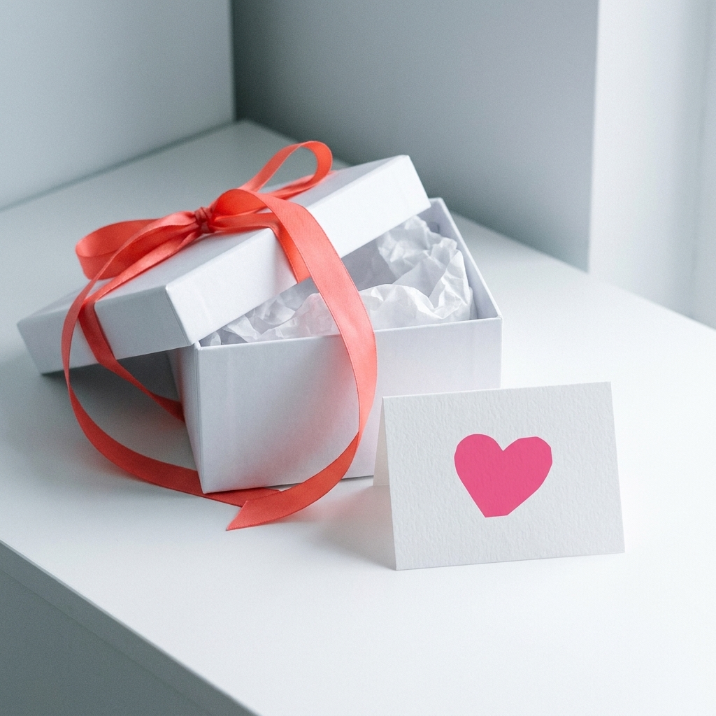 Caja de regalo blanca con cinta y una tarjeta ilustrada, lista para entregar