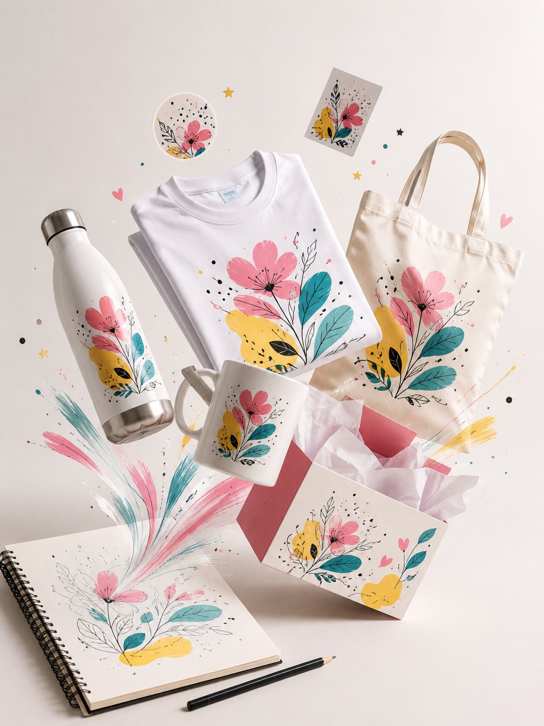 Libreta con un dibujo floral y ese mismo diseño impreso en camiseta, taza, botella, bolsa y caja de regalo