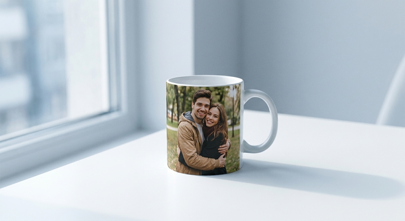 Taza de cerámica blanca impresa con la fotografía de una pareja, junto a una ventana