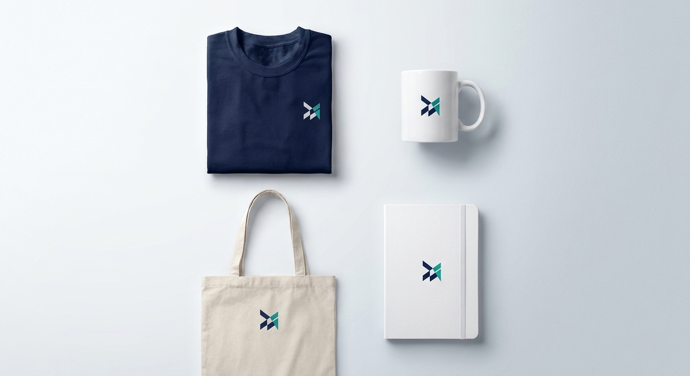 Kit corporativo con camiseta, taza, bolsa y libreta, todos con el emblema de la empresa