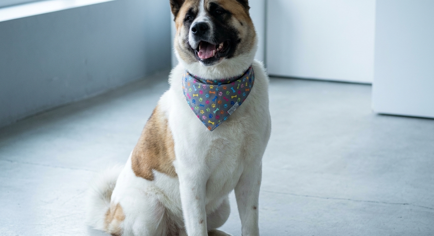 Perro pequeño con una bandana estampada con huellas de colores