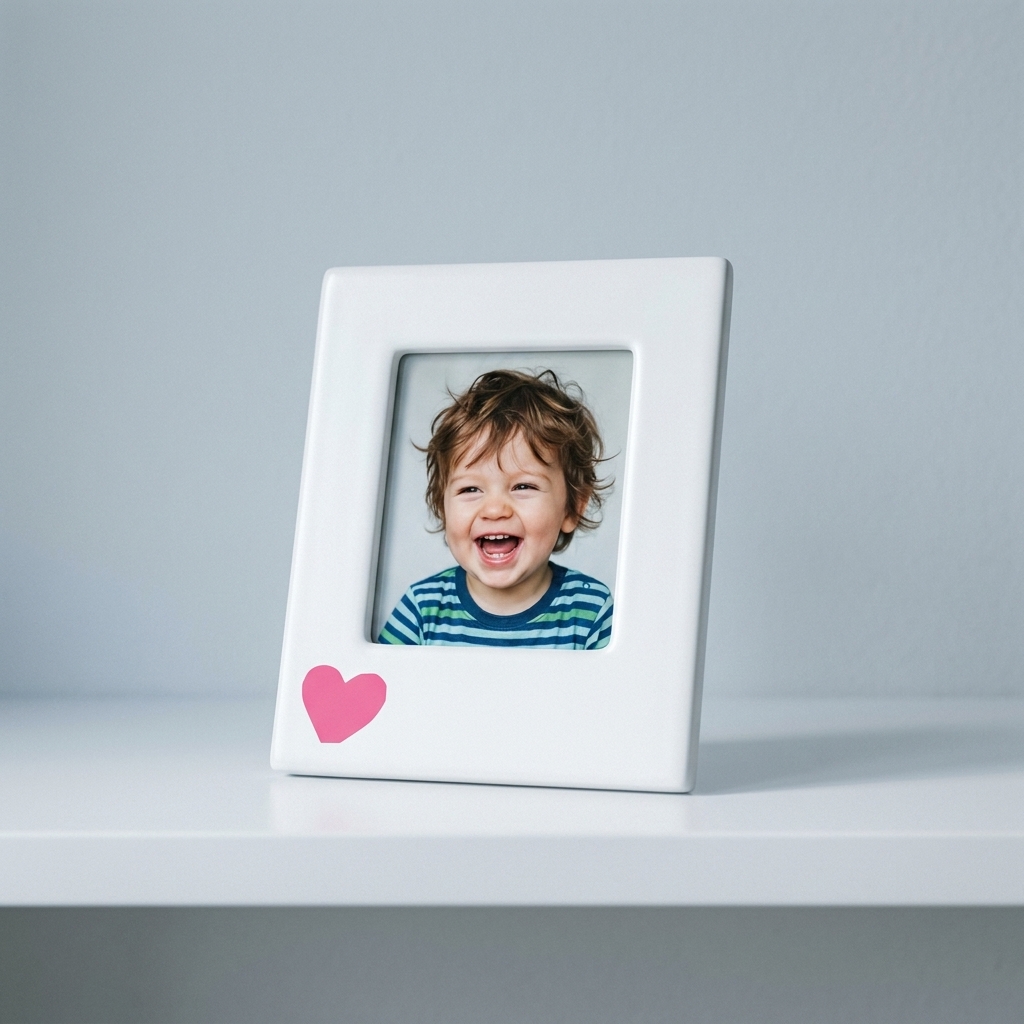 Portarretratos de cerámica con la foto de un niño riendo