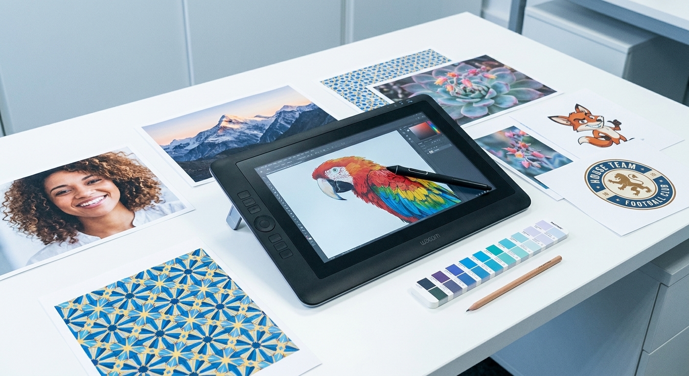 Mesa de diseño con tableta gráfica, pruebas impresas del arte y muestras de color
