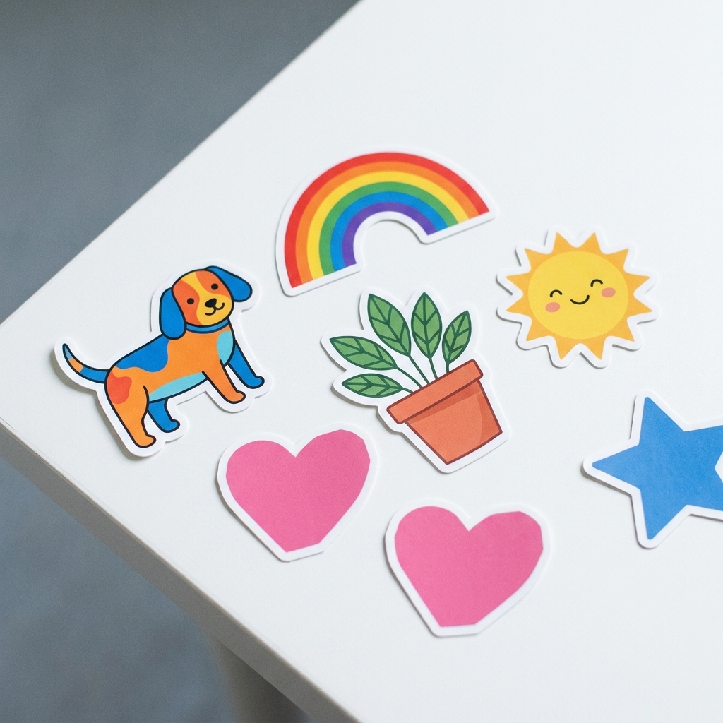 Stickers troquelados con diseños distintos: un perro, un arcoíris, una planta y un sol