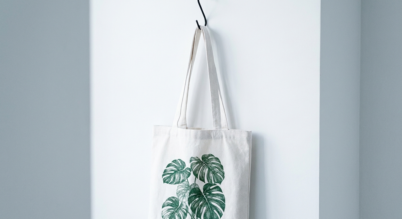 Bolsa de lona blanca con una ilustración botánica de hojas verdes