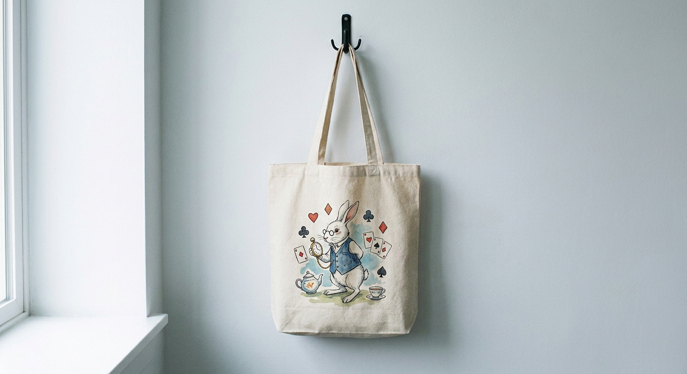 Bolsa de lona con un conejo blanco de chaleco y reloj de bolsillo