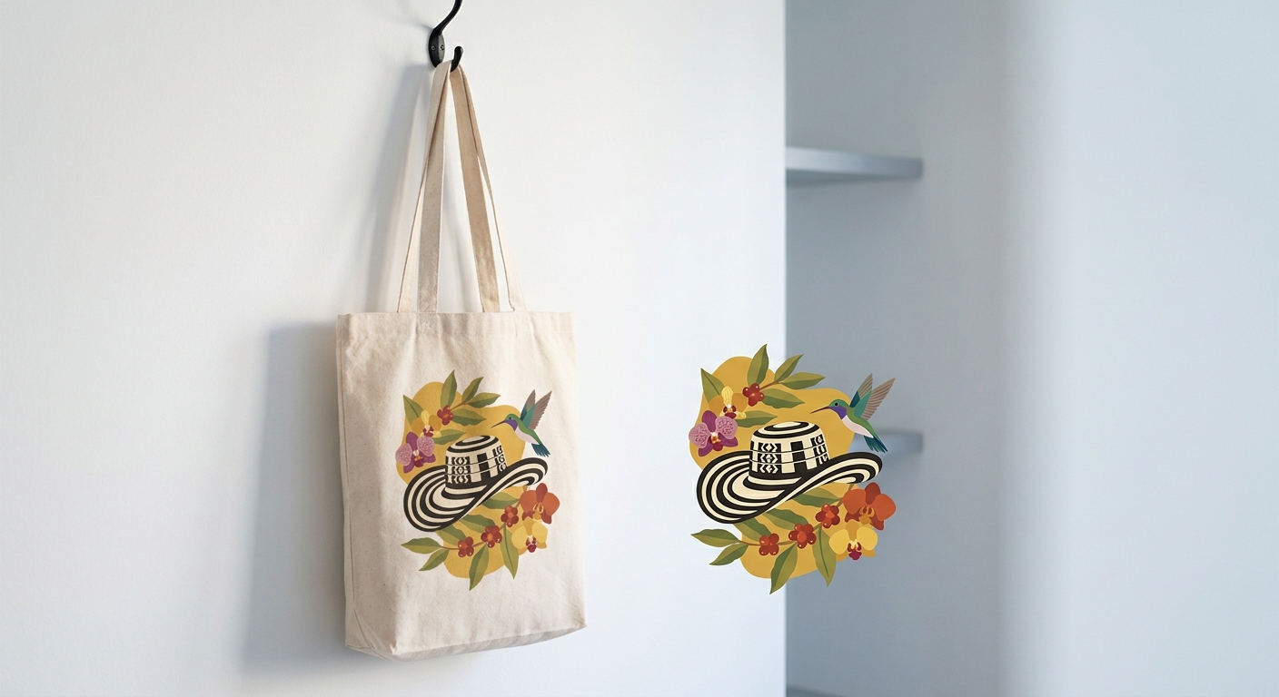 Bolsa de lona con sombrero vueltiao, ramas de café, orquídeas y un colibrí