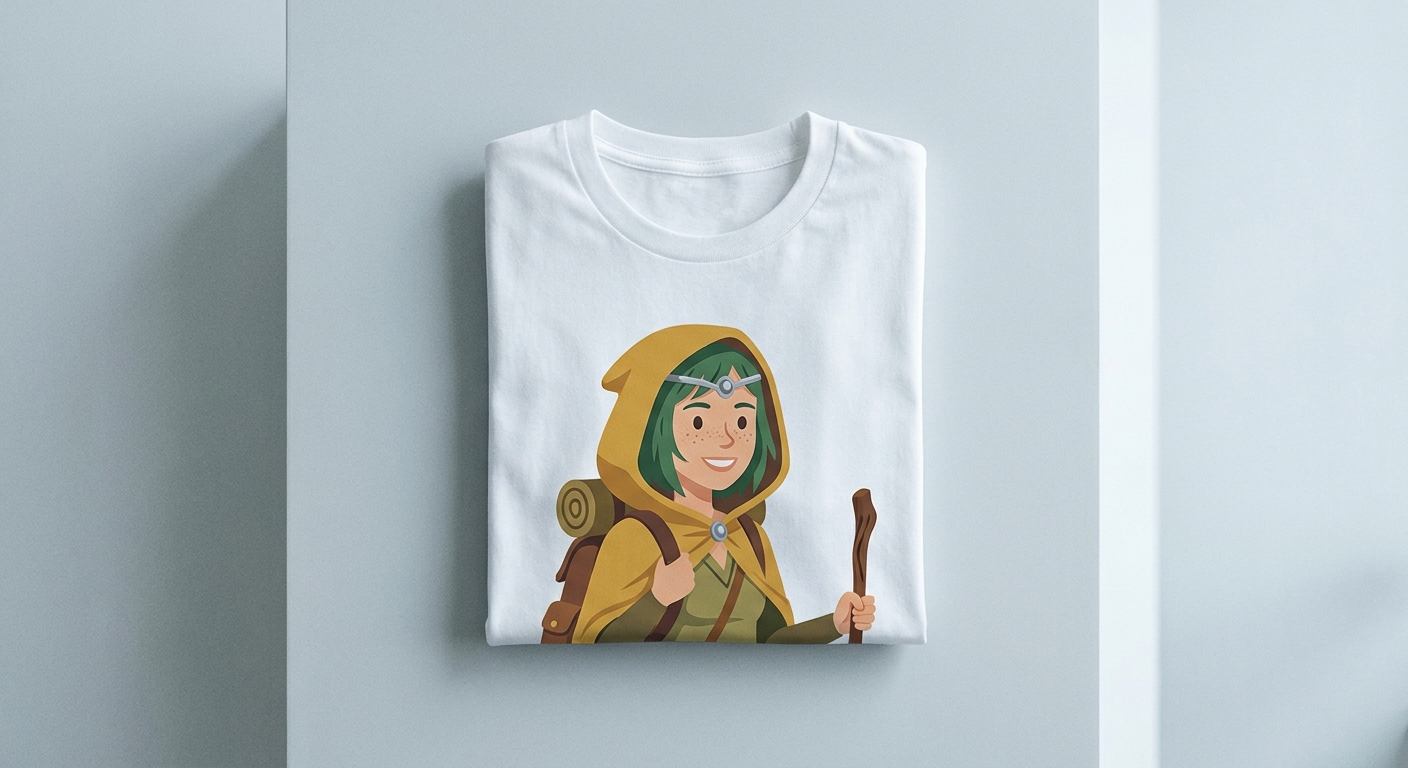 Camiseta con la ilustración original de una exploradora de capa mostaza