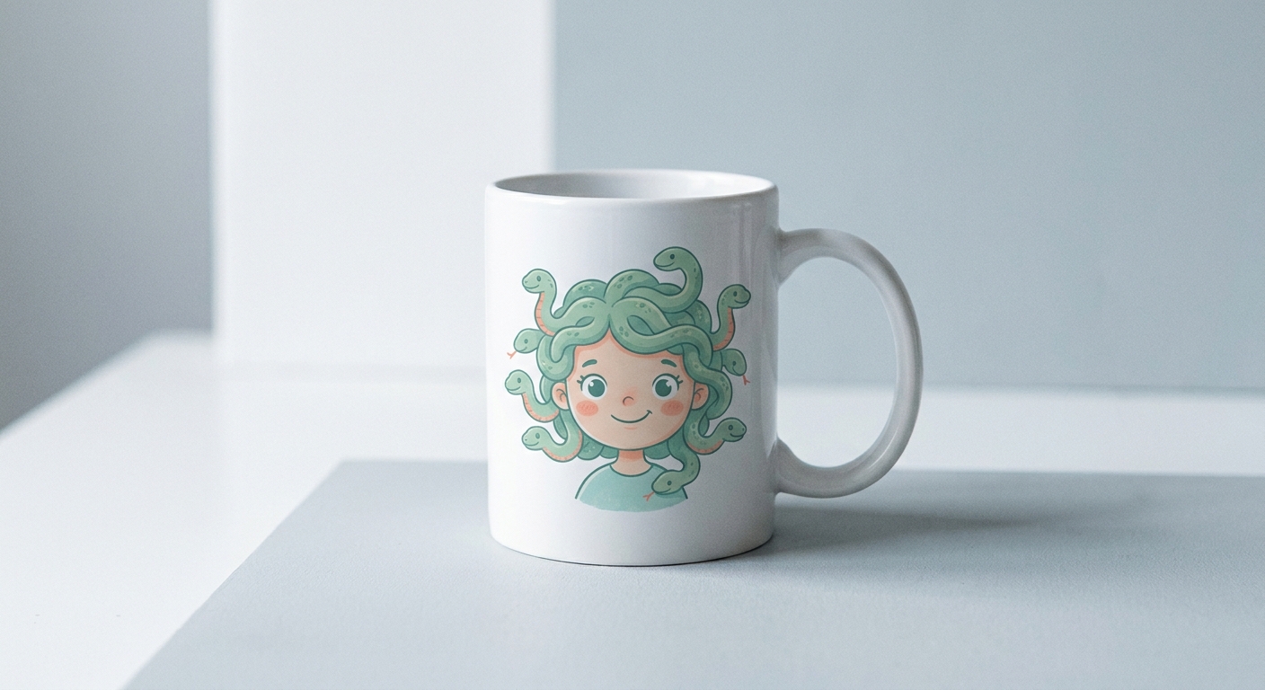 Taza con una Medusa kawaii de serpientes verdes sonrientes