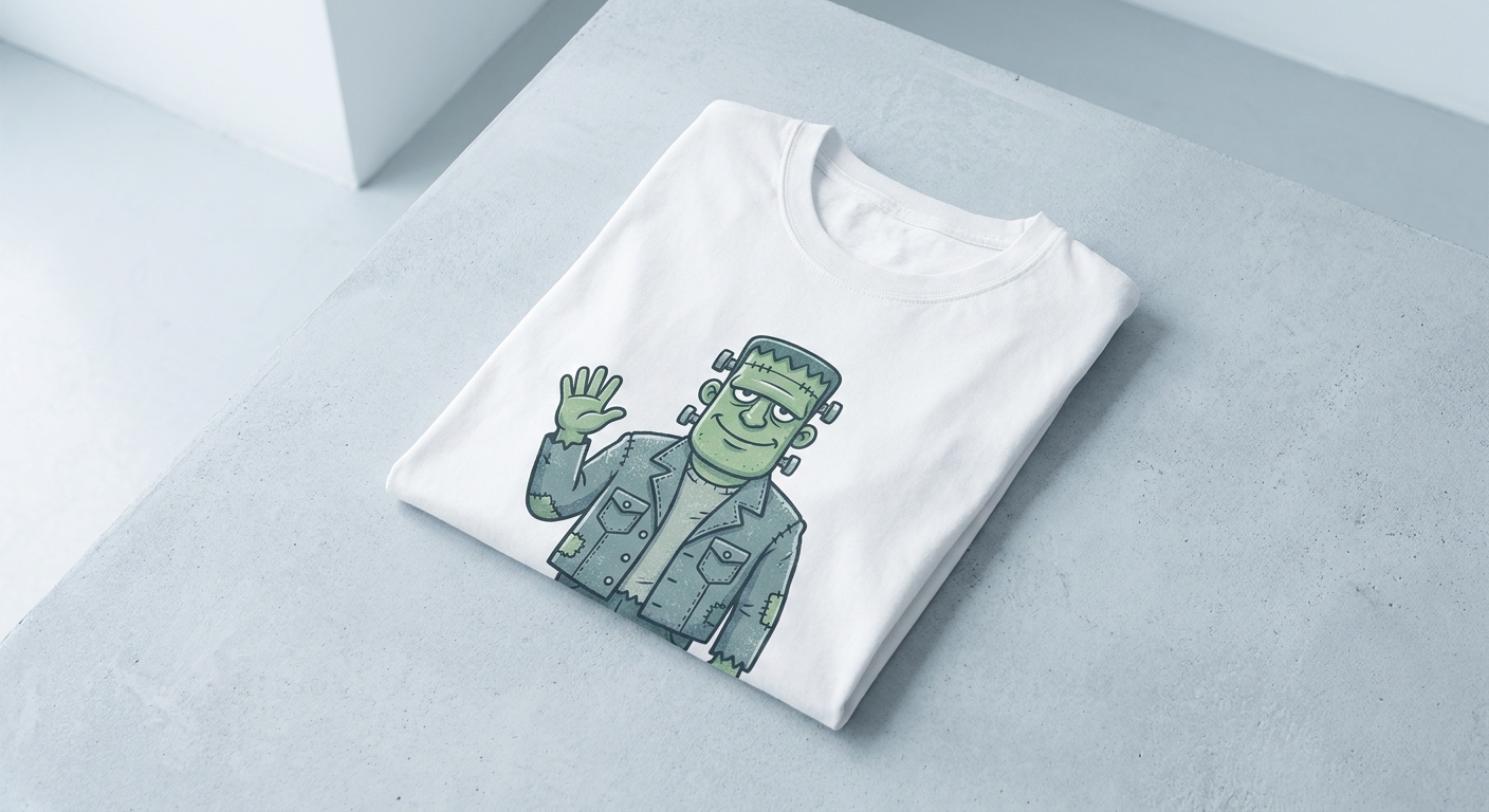 Camiseta con un monstruo verde de cabeza plana saludando