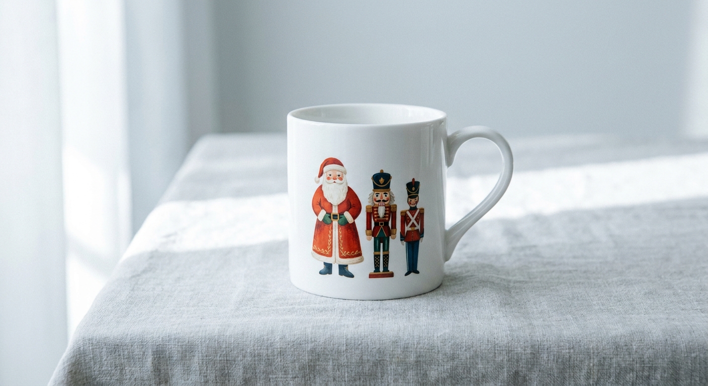 Taza con Santa Claus tradicional, un cascanueces y un soldadito de plomo