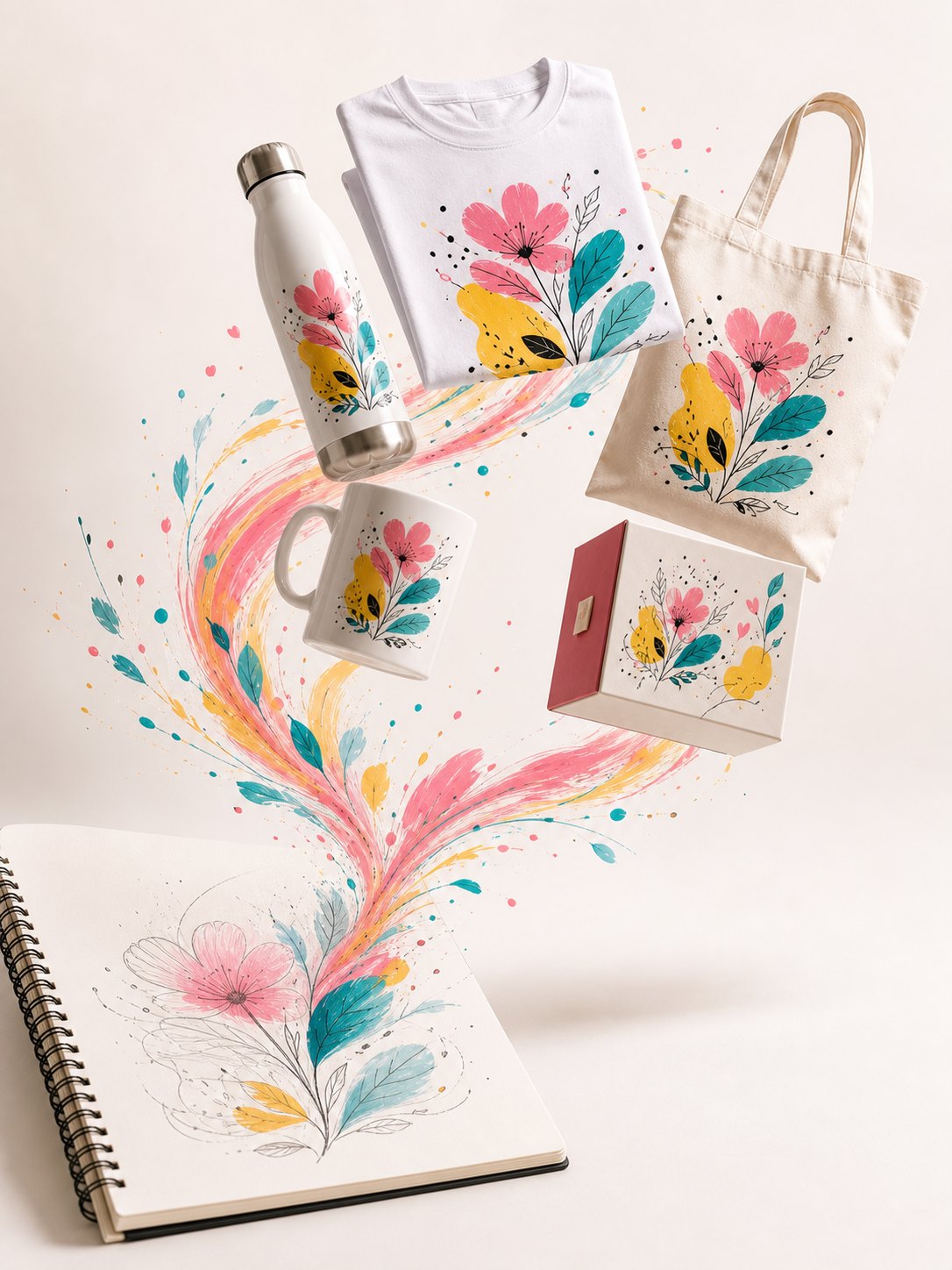 Un dibujo floral en una libreta que se convierte en camiseta, taza, botella, bolsa y caja de regalo