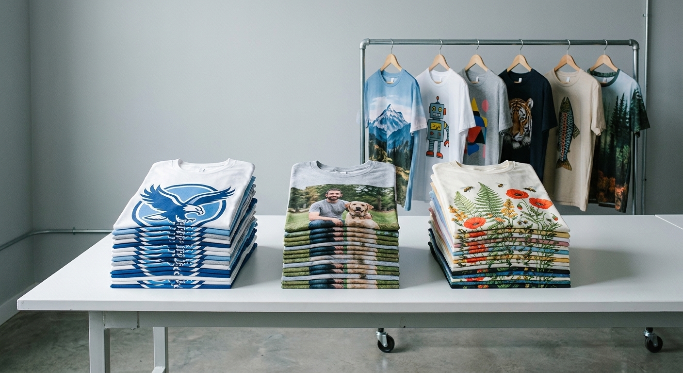Pilas de camisetas impresas producidas en volumen sobre una mesa de taller