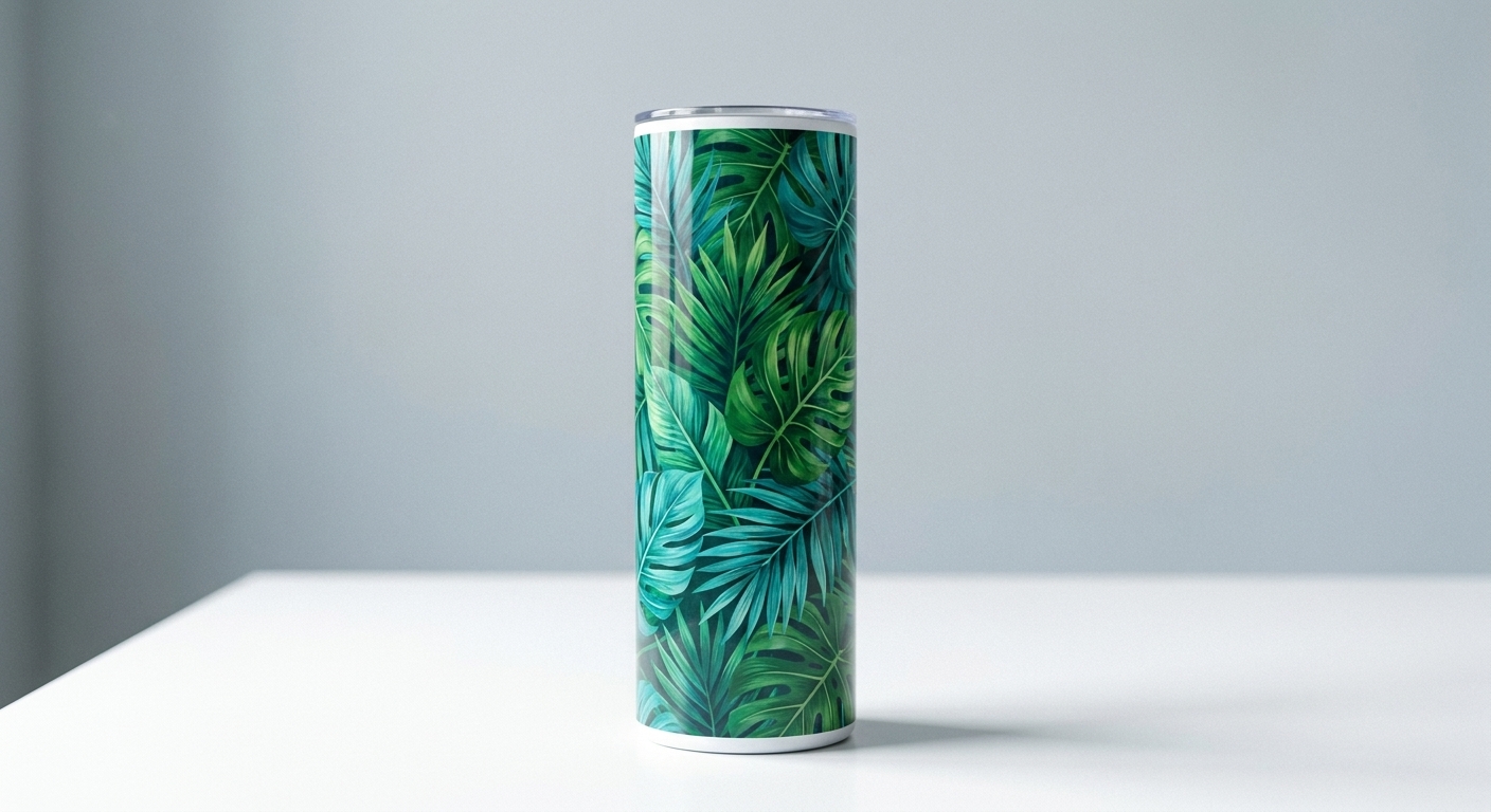 Termo blanco de acero con un estampado tropical de hojas verdes